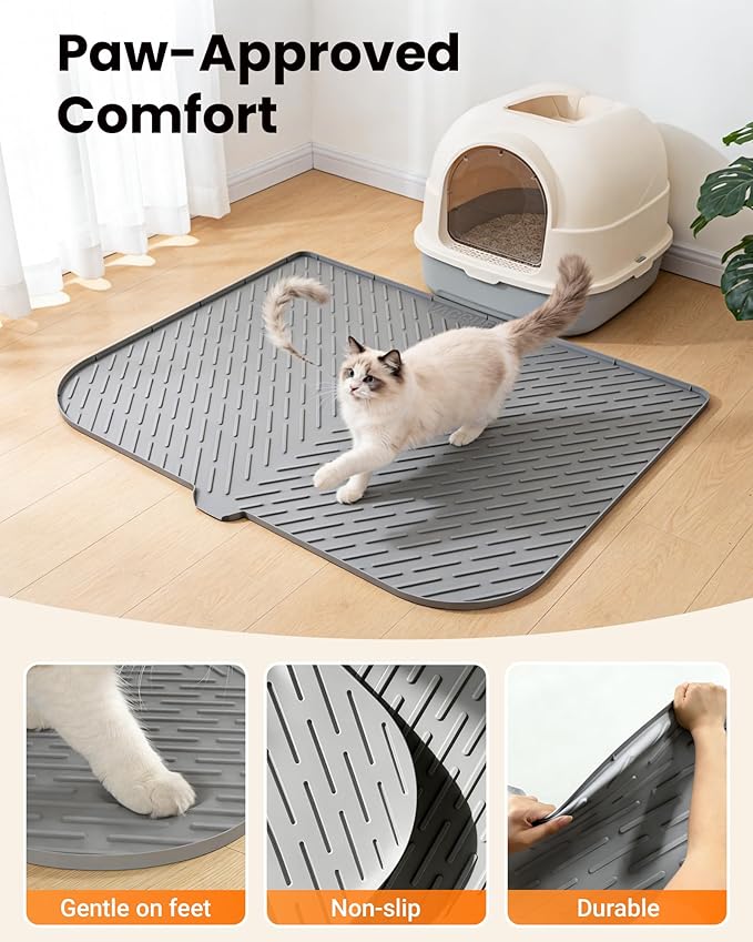 Cat Litter Box Mat, 47" x 37" Extra Large Cat Litter Mat, Silicone Waterproof Litter Trapping Mat for Scatter Control Soft on Kitty Paws Non-Slip Easy to Clean（Grey)