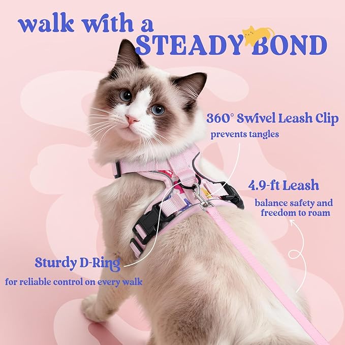 rabbitgoo Cat Harness and Leash for Walking, Escape Proof Soft Adjustable Vest Harnesses for Cats, Easy Control Breathable Reflective Strips Jacket, Purrty Pink, XS