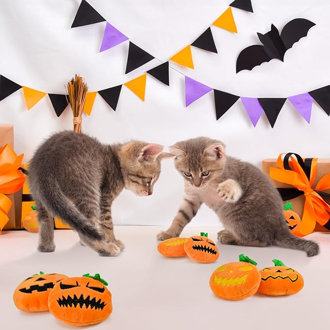 Halloween Pumpkin Toys for Cats Plush Teething Toys Featuring Pumpkin with Range Expressions Embroidery Designs Interactive Plush Toys for Kittens and Cats (8PCS)