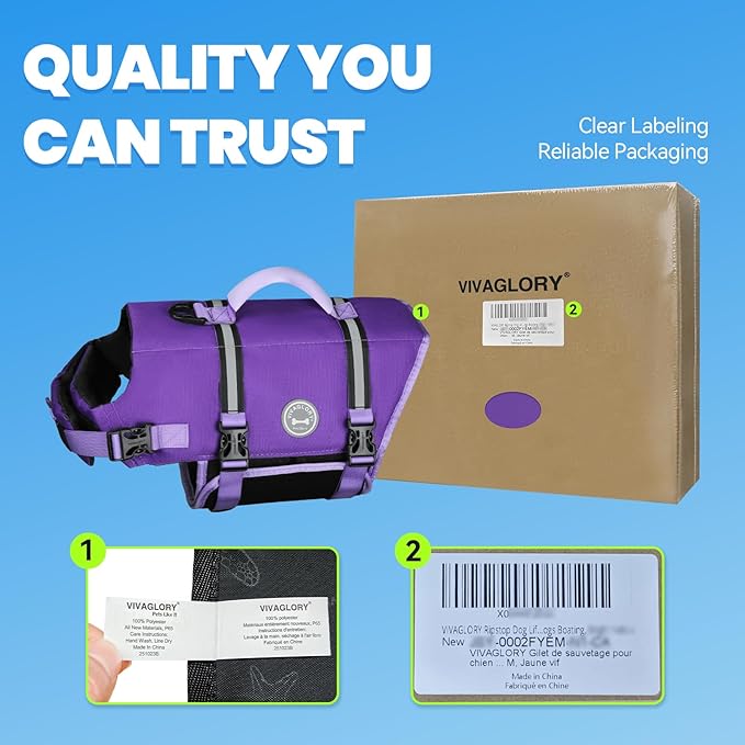 VIVAGLORY Rip Stop Dog Life Vest, Swimming Vest with Handle, Buoyancy for Doggy Puppy, Dog Life Jacket for Swimming & Boating, L, Purple