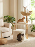 Modern Cat Tree Tower for Large Cats, Wood Cat Tower with Natural Scratching Post, Solid Wood Condo, Real Branch Luxury Cat Furniture with Curved Bed, Top Basket, White