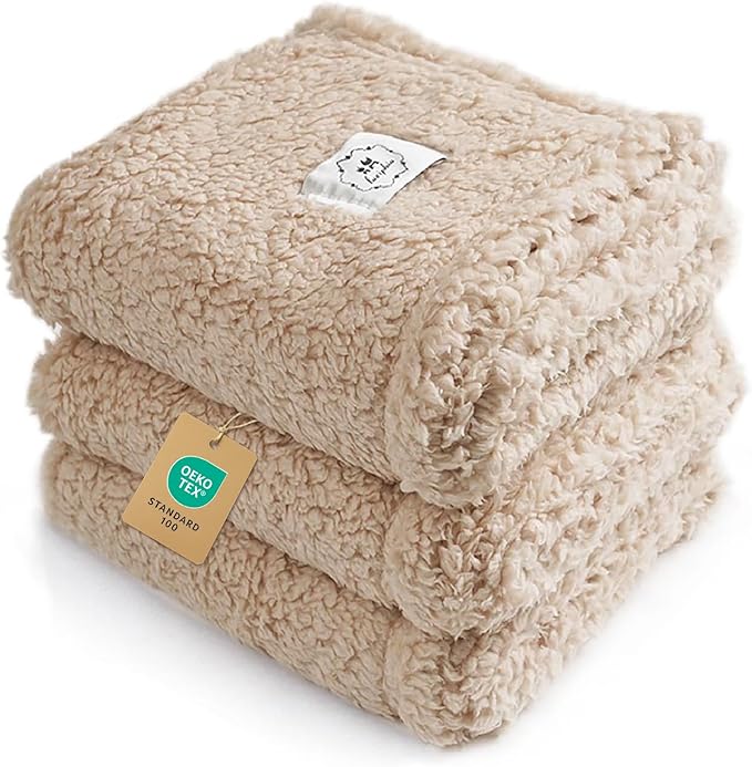 1 Pack 3 Calming Blankets Fluffy Premium Fleece Pet Blanket Soft Sherpa Throw for Dog Puppy Cat Beige Medium (30" x20'')