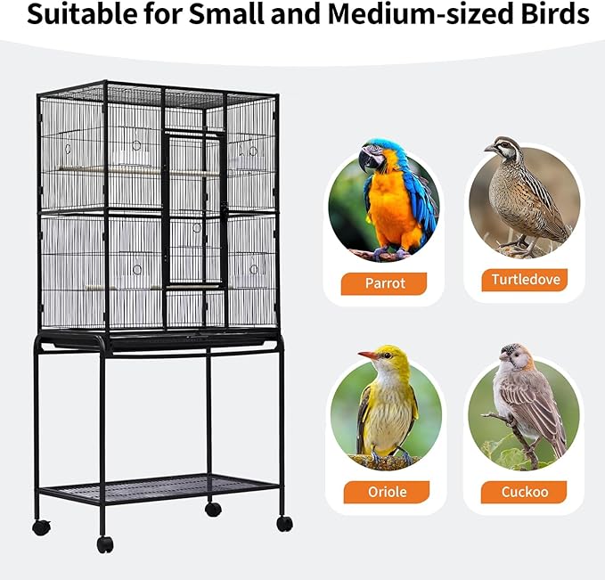 Extra Tall Large Bird Cage with Stand – 62" Flight Cage on Wheels for Parakeets, Parrots, Conures, Lovebirds, Cockatiels – Sturdy Metal Aviary, Black – Spacious Home for Birds – Model