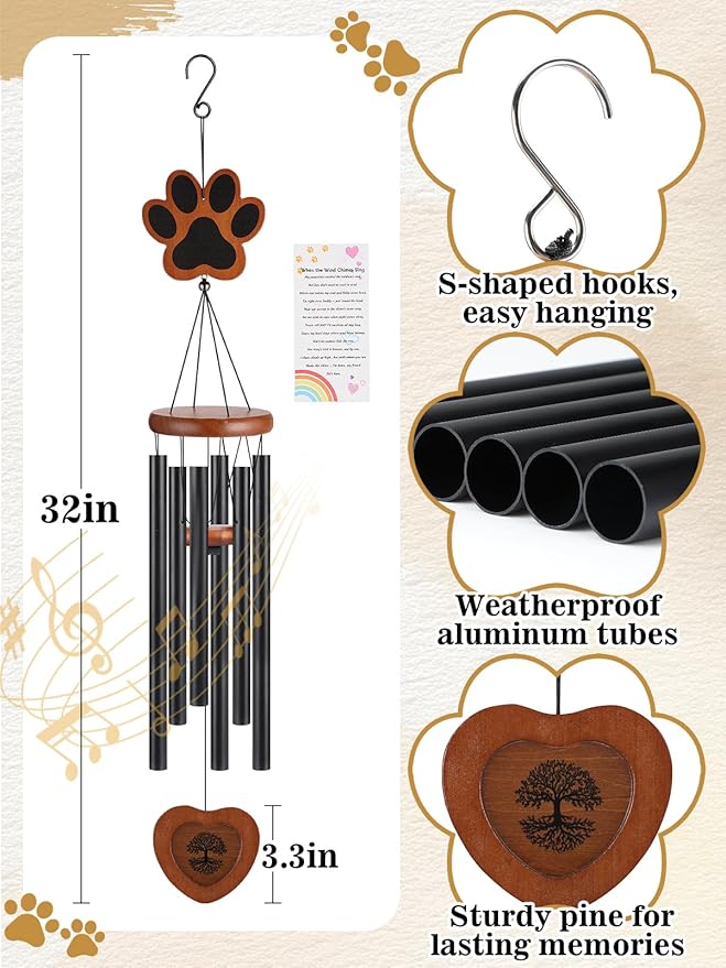 Alphatool Dog Memorial Wind Chimes Gifts with Photo Frame - 32in Sympathy Gift for Loss of Dog, Pet Memorial Gifts for Dogs Passing Away Bereavement