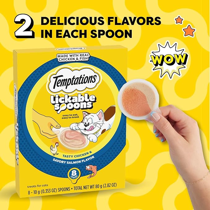 Temptations Lickable Spoons, Soft Lickable Cat Treats, Adult Wet Cat Treats, Tasty Chicken and Savory Salmon Flavor, 8 Spoons, Pack of 12 (96 Total)