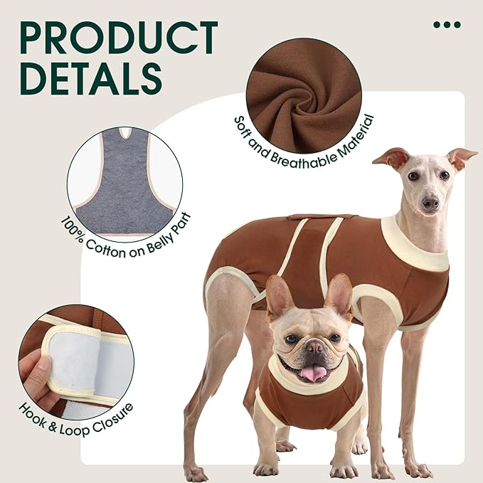 Kuoser Dog Recovery Suit, Soft & Breathable Fabric, Anti Licking, Cone Alternative, Brown, XX-Large (70+ LB)