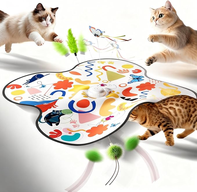 Interactive Cat Toys for Indoor Cats–Rechargeable Automatic Hide and Seek Kittens Toy with Moving Wand Feathers,Fluttering Butterfly,Real Mouse Squeaky,Motion Activated for Exercise & Bored Adult Cats