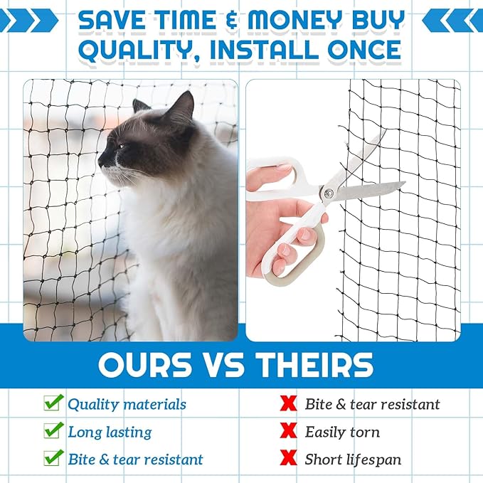Steel Cat Netting Balcony, 10ft x 13ft Steel Reinforced Cat Wire for Balcony, High Strength Safety Pet Netting for Catio, Proof Screen for Pets, Strong Catio Protection Barrier Mesh Fence