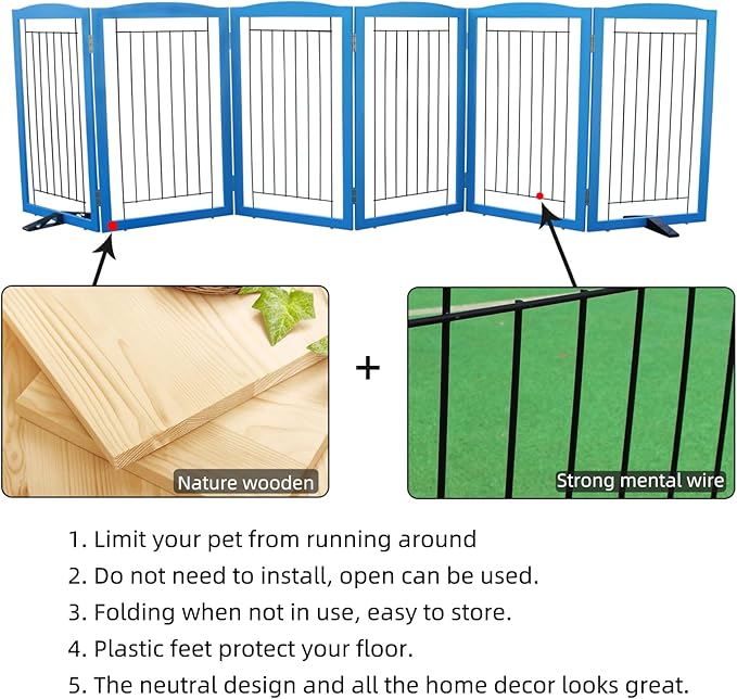 ZJSF Freestanding Dog Fence Indoor, Foldable Dog Gate for Doorways, Stairs or Hallways, Sturdy Wood Extra Wide Pet Gate with Support Feet for The House, Blue, 32 "Height-6 Panels