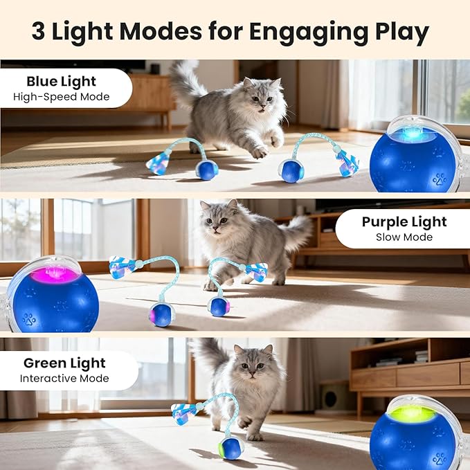 Rocfish Durable Interactive Cat Toys for Indoor Cats, Smart Automatic Cat Chase Ball Toy, Upgraded Speedy Tail Kitten Toy for Bored Indoor Adult Pets (NEW Blue)