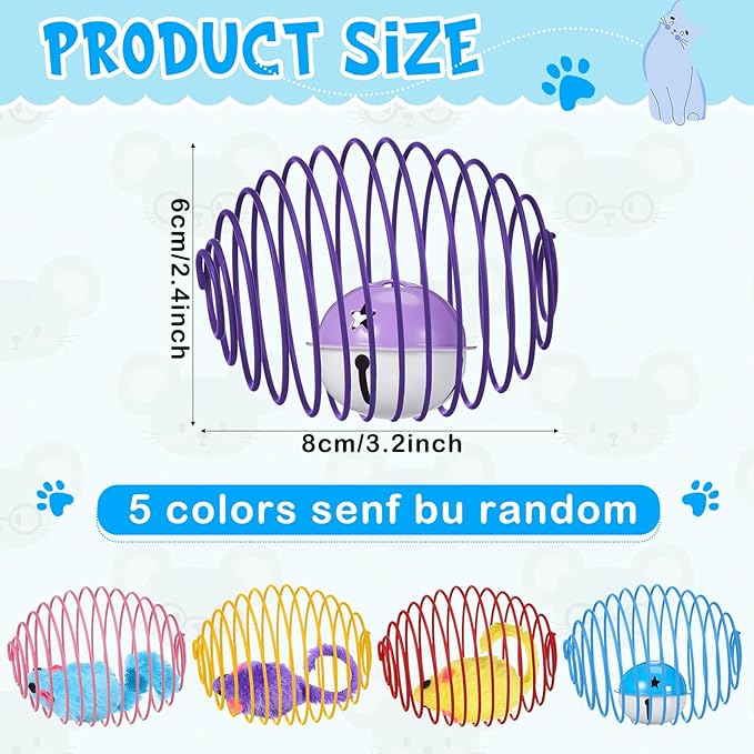 Jecery 5 Pcs Cat Spring Balls Toys Stretchable Rolling Balls Colorful Playful Coils Interactive Action Toy Caged Rats for Kitten Pet Supplies (Mouse and Bell,Multicolor)