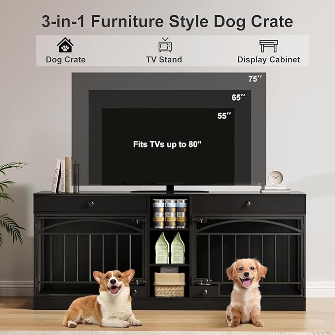 GAOMON Dog Crate Furniture for 2 Dogs, 78.7'' Large Dog Kennel Indoor with 2 Storage Drawers, 3 Shelves and Feeding Bowls, Double Dog Crate TV Stand for Small and Medium Dogs, Black