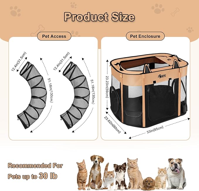 Ownpets Portable Cat Playpen with Removable Tunnel, Foldable Puppy Play Pen, Indoor Outdoor Cat Enclosure Pet Tent for Cats, Dogs and Small Pets
