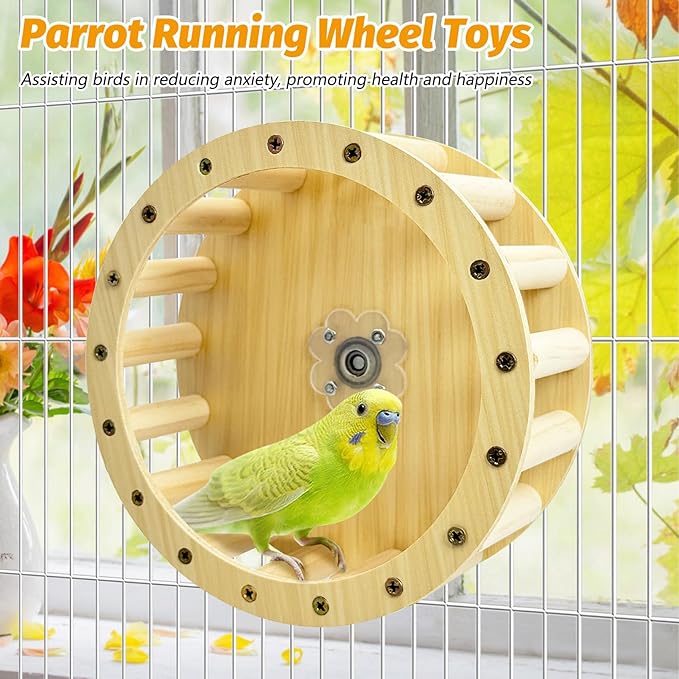 PINVNBY Wooden Bird Exercise Wheel Parrot Running Wheel Toy Cage Mounted Parakeet Interactive Spinner Toy Bird Rotating Perch for Budgies Lovebird Java Sparrow Canary Parrots and Some Small Animals