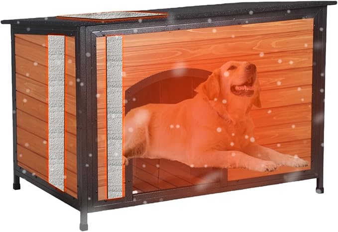Insulated Dog House Outdoor Weatherproof 43.3" L Large Dog Kennel 6 Sides All-Round Foam Winter for Small Medium Large Dogs with Strong Metal Frame