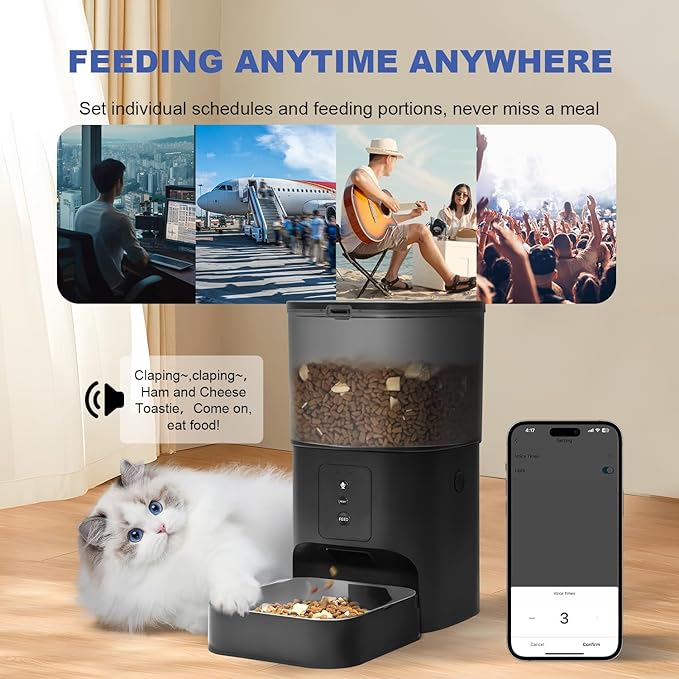 Automatic Cat Feeder, Cat Food Dispenser with 10s Voice Recorder, Pet Feeder up to 8 Meals per Day, Timed Feeder with Dry Food Sealed Ring