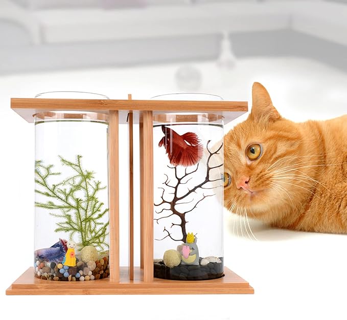 Dual Chamber Bamboo Desktop Aquarium - Mini Betta Fish Tank with LED Light, 360° View Glass Tanks for Goldfish or Small Fish, Home Office Decor