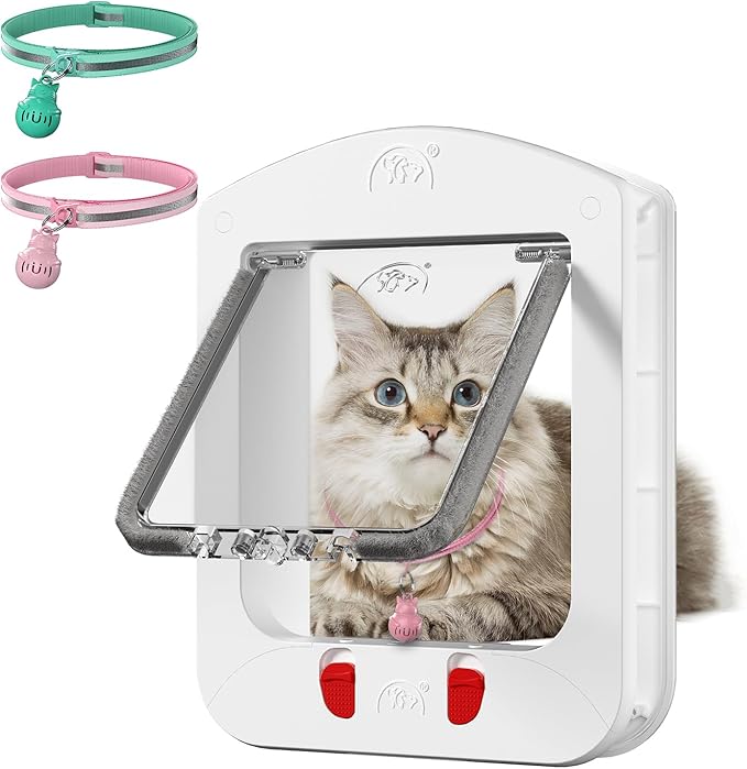 HIDROSIL Cat Door with Magnetic Keys, Suitable Interior/Exterior Door with Collar Sensor, 4 Locking Model, 11.5 x 9 x 1.5 inch Frame, White