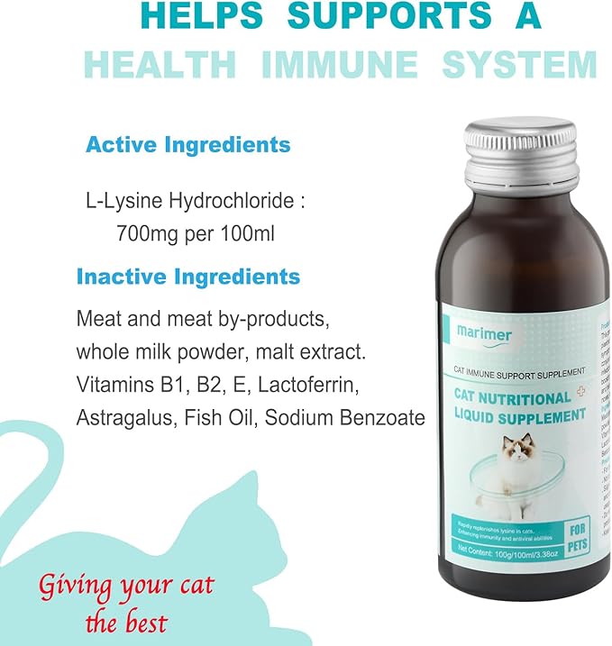 Cat Immune Support Liquid Supplement – L-Lysine & Astragalus – Enhances Immunity and Relieves Feline Herpes Symptoms – Nutritional 3.38oz (100ml) for Cats of All Ages