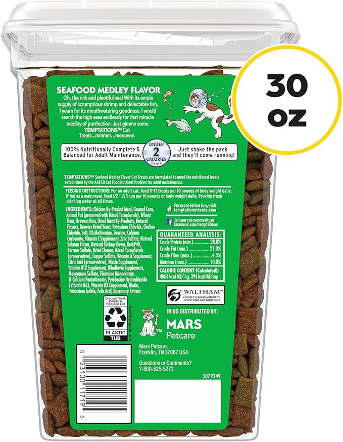 Temptations Cat Treats, Classic Crunchy and Soft Cat Treats, Seafood Medley Flavor, 30 oz. Tub