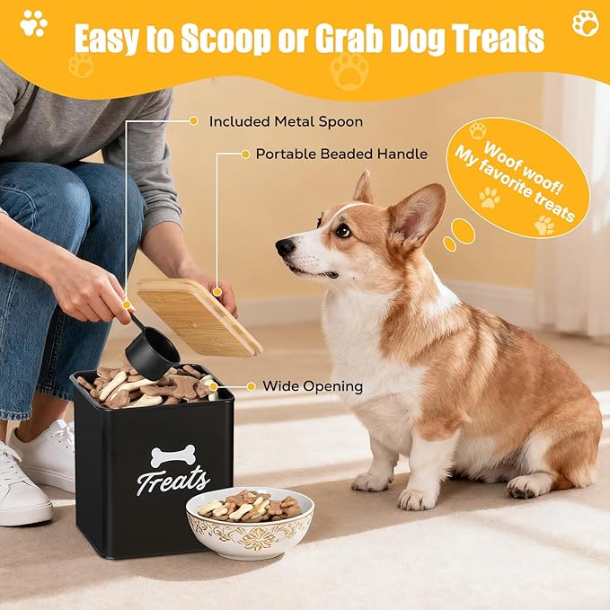 Dog Treat Container Set of 2, Dog Food Storage Containers with Airtight Lids, Metal dog treat jars for Kitchen Countertop, Pet Cookie Canister to Keep Treats Fresh, 9.4''×7.1''×9.6", Black
