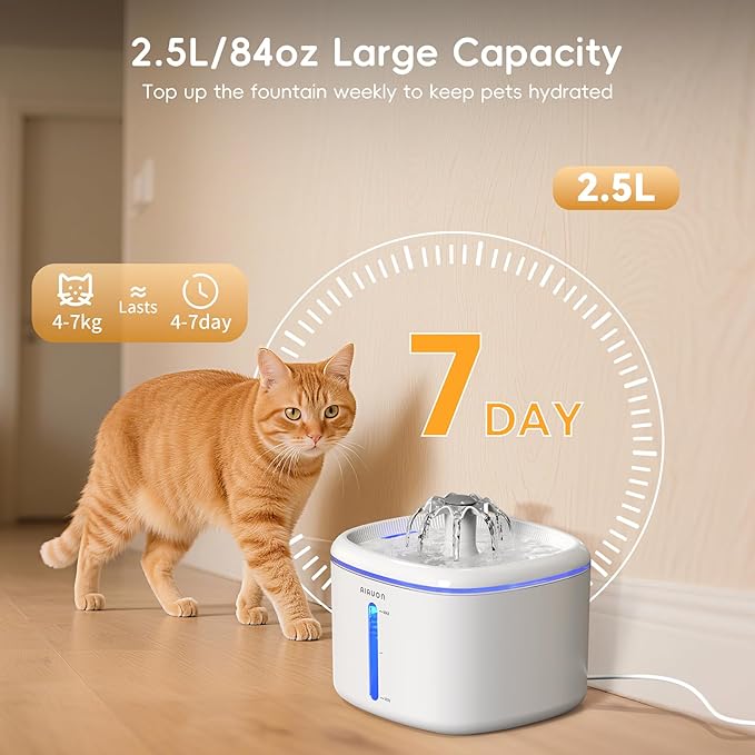 Cat Water Fountain,2.5L/84oz Pet Cat Fountain – Ultra Quiet Upgraded Automatic Pet Water Dispenser with 8 Replaceable Filters, Indoor Cat & Dog Drinking Bowl