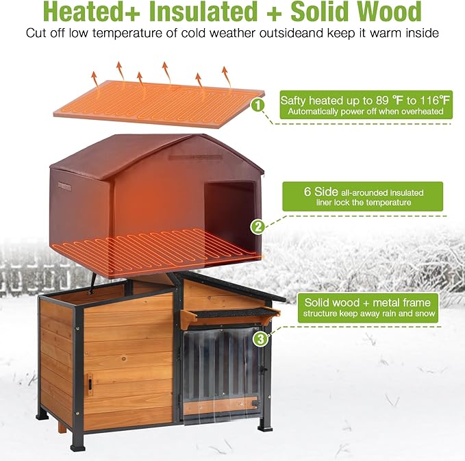 GUTINNEEN 39.7" L Heated Dog House Outdoor Insulated Winter Dog Kennel with Thermostat-Controlled Heating Pad, Chew-Proof Metal Frame and 6-Sided Insulated Liner for Medium to Large Dogs, Brown