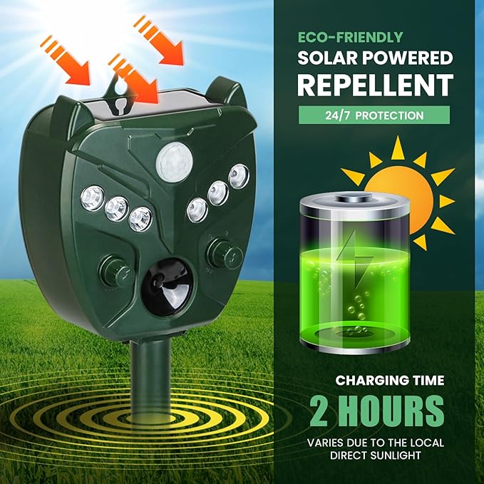 Shamzy Solar Ultrasonic Animal Repellent Outdoor, Cat Deterrent for Yard with 6 LED Flashing Lights & Motion Sensor That Repel Dogs, Deer, Fox, Raccoon, Skunk, Rabbit, Squirrel Deterrent Outdoor
