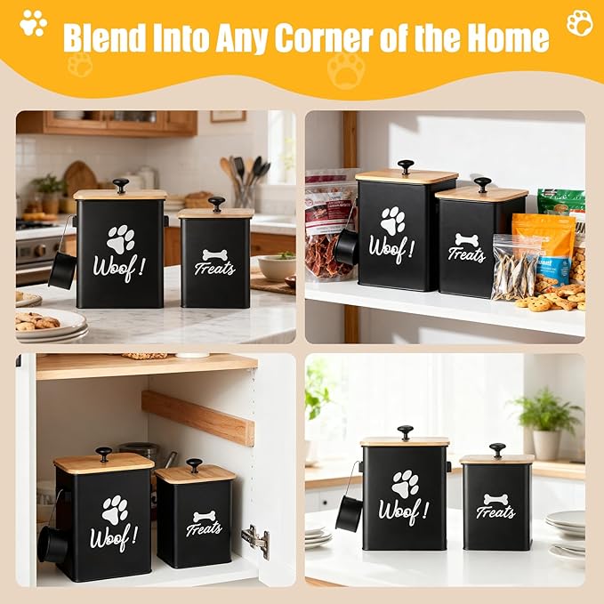 Dog Treat Containers Set of 2, Dog Food Storage Containers with Airtight Lids, Metal dog treat jars for Kitchen Countertop, Pet Food Canister Keep Snack Fresh, 5.9"×5.9"×7.1", Black