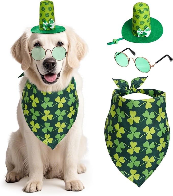 3 Pcs St Patrick's Day Pet Costume Set Cat Bandna Hat and Sunglasses for Small Medium Dogs Holiday Party Outfits