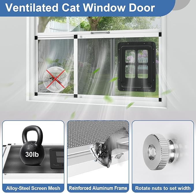 Ventilated Pet Door for Window, Fits 22"-28.5" Width Window, 2-Min Install | Aluminum Frame + Stainless Steel Mesh | Breathable Bug-Proof | Magnetic Closure Window Cat Door, Cat Door for Window Insert