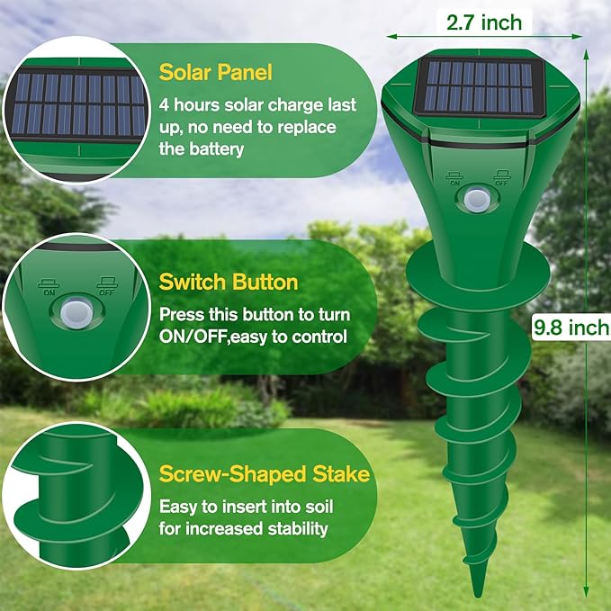 Mole Repellent Solar Powered Ultrasonic,Deer Repellent Devices,Gopher Trap Groundhog Repeller,Sonic Spikes Get Rid of All Pests Vole, Chipmunk,Cat,Skunk,Snake,Mole Trap for Lawn, Garden Yard (2P)