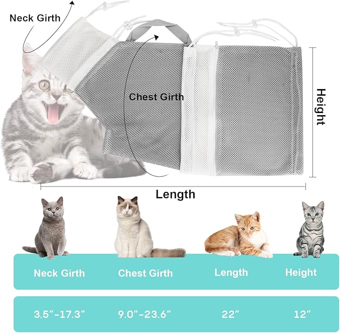 Cat Bathing Bag Adjustable Cat Grooming Net Bag Anti-bite & Anti-Scratch Cat Bath Washing Restraint Bag, Breathable Mesh Cat Grooming Bag for Shower, Nail Trimming, Injection