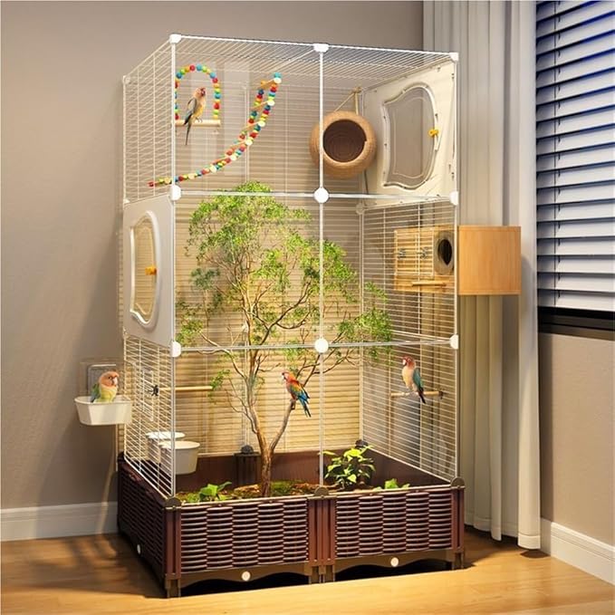 48.8-inch Home Acrylic Large Bird Cage, Parakeet Parrot Cage Birdcages Canary Bird Cages with Plant Box, Horizontal Wire Mesh, White, 29.1''Wx14.6''Dx48.8''H