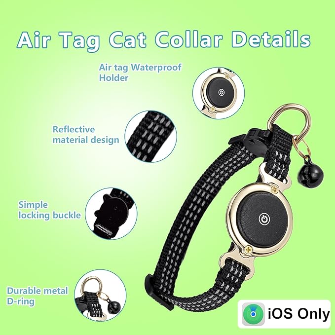 Air Tag Cat Collar, Waterproof Cat Air Tag Collar, Breakaway Buckle Kitten Collars Tracker Finder for Cats, Kittens(9-13inch), Lightweight & Reflective Collars Work with Apple Find My(iOS Only)
