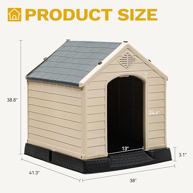 DWVO Plastic Dog House, Weatherproof Outdoor/Indoor Doghouse, Puppy Kennel with Air Vents and Elevated Floor