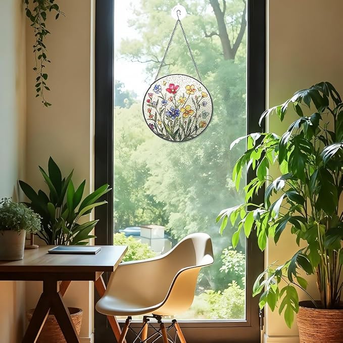 Colorful Flowers Stained Glass Suncatcher for Windows - Vibrant Sun Catchers Indoor Hanging Decor, Floral Gift for Women, Plant Lovers, Housewarming, Birthday, Mother's Day or New Home Celebration