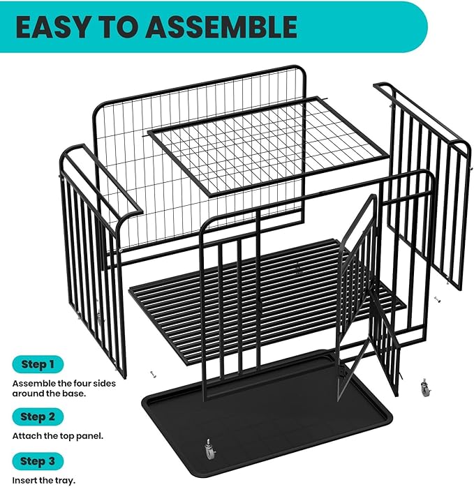 43.3×29.5×35.4 in Heavy Duty Dog Crate, Alloy Steel Material Dog Kennel, with 3 Doors 4 Lockable Wheels 1 Removable Trays, Dog Cage Kennel for Small to Medium Dogs (43 in)