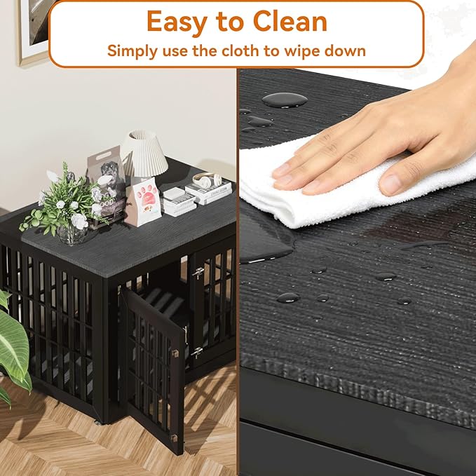 42" Heavy Duty Dog Crate Furniture for Small,Medium and Large Dogs,Rustic Wooden Dog Cage Kennel Indoor Furniture with Waterproof Top,Decorative Pet House Side End Table (Black)