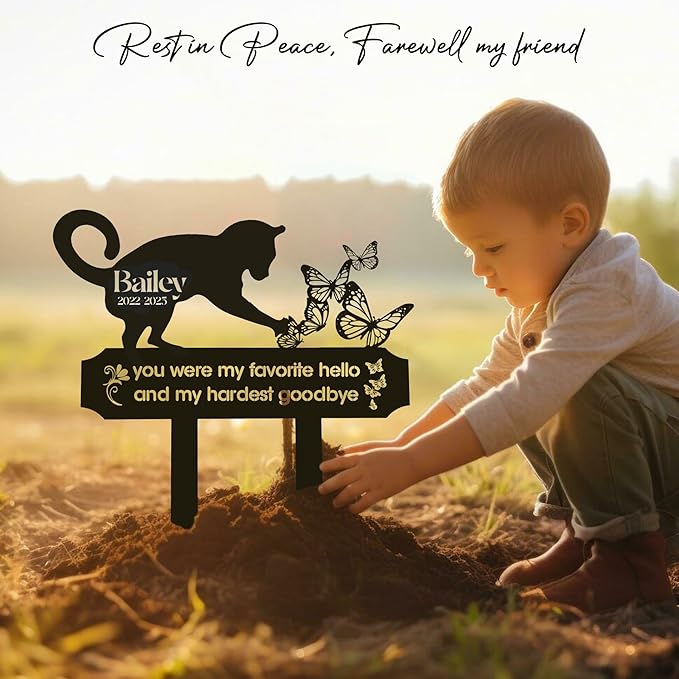 Sleeping Cat Grave Marker – Personalized Outdoor Pet Memorial Stone with Custom Name and Lifespan Dates, Engraved Cat Headstone for Garden or Cemetery, Durable Tombstone for Pet Loss Tribute