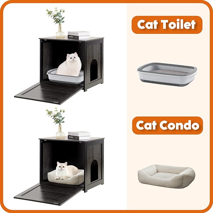 Dwanton Cat Litter Box Furniture Hidden, Cat Litter Box Enclosure, Reversible Entrance Can Be on Left or Right Side, Indoor Cabinet, Wooden Washroom, End Table, Nightstand, Dark Gray, 23.6" L