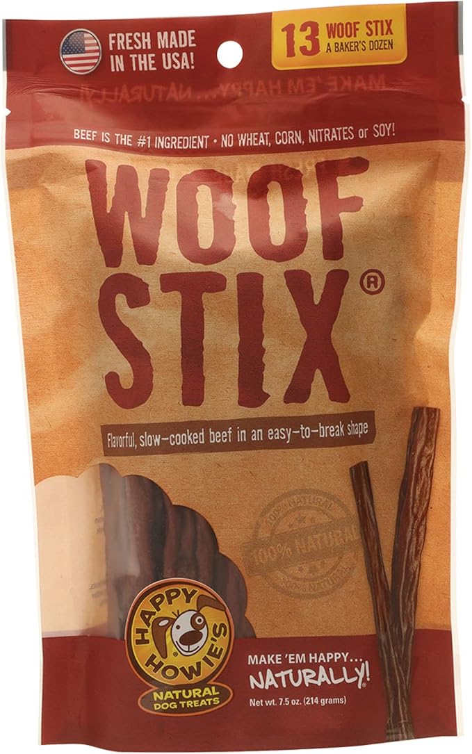 Happy Howie's Woof Stix - Natural Healthy Dog Treats, Flavorful Slow Cooked Beef Stick, Natural Ingredients, Chewy, Soft Dog Treats, Hormone Free - Beef, (Pack of 1)