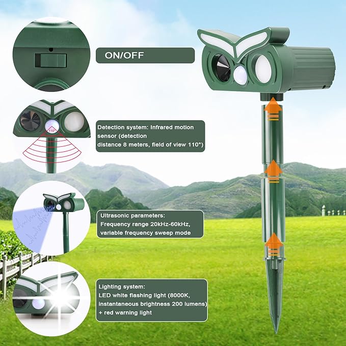 2pcs Solar Ultrasonic Animal Repellent Outdoor,Deer Repellent,Squirrel Repellent,Mouse Repellent,Cat Repellent Outdoor,Devices Motion Detection Waterproof with LED Flash Lights for Yard Farm Garden