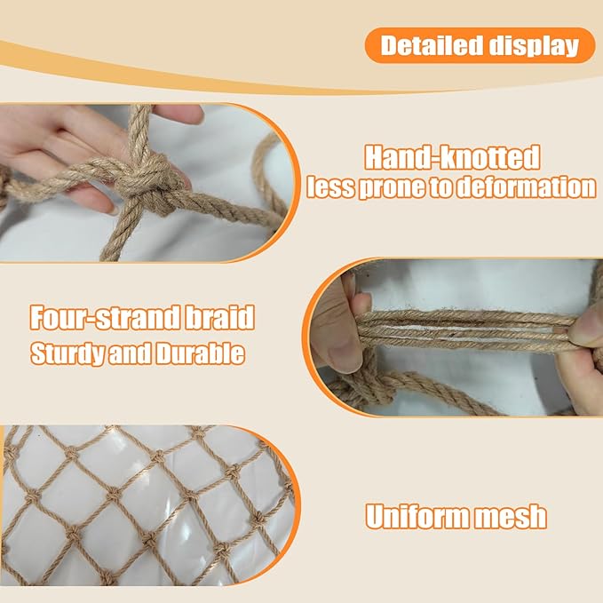 Jute Hemp Rope Net Balcony Safety Net for Kids Climbing Cargo Net Outdoor Playground Rope Net Safety Netting for Railings Stair Protection Net Indoor Outdoor Decorative Net