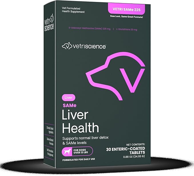 VetriScience SAMe Liver Health Tablets, 225 mg S-Adenosyl-Methionine Liver Health and Detox Supplement for Medium and Large Breed Dogs, Glutathione Antioxidant Liver Support, 30 Count