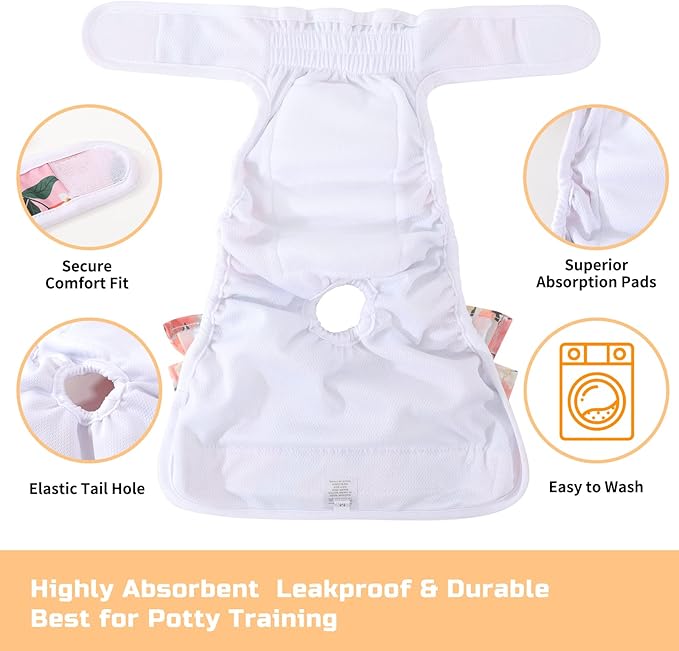 Reusable Dog Diapers Female 3 Pack Washable Premium Highly Absorbent Doggie Diapers, Flexible Puppy Diapers, Durable Leak-Proof Fruit Dog Diapers for Period Heat Incontinence Puppy Training, S