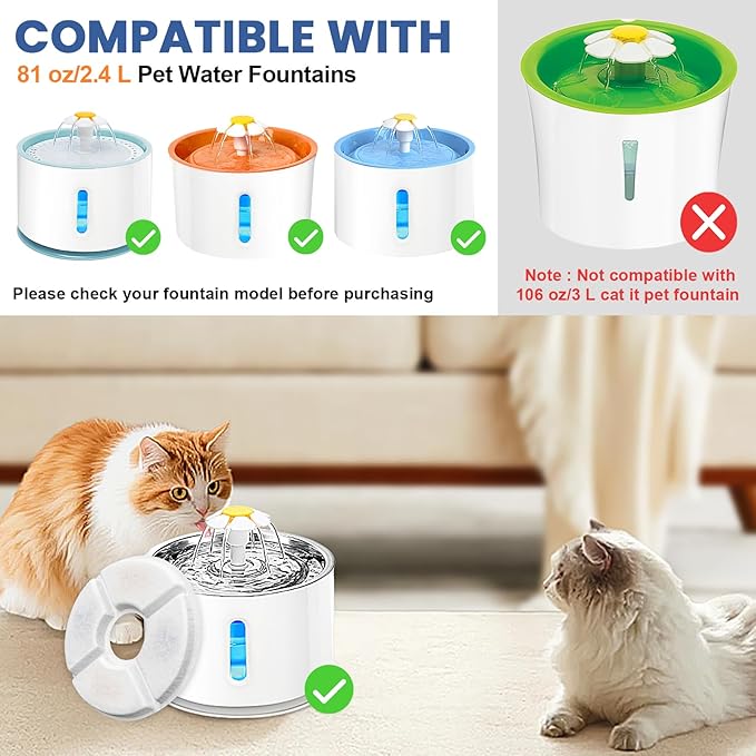 12 Pack Cat Water Fountain Filter, 8 Pcs Cat Fountain Filters Replacement Dia is 5" & 4 Pcs Pre-Filter Sponges for 81oz / 2.4L Round Automatic Pet Water Fountain Dog Dispenser, 3-Filtration System