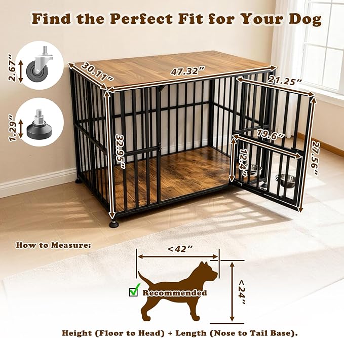 48" Dog Crate Furniture Foldable, Large Dog Kennel Furniture with Swing-Out Bowl & Dual Base Sets (Feet+Wheel), No Assembly Foldable Dog Crate Furniture, End Table for Large Dogs, Rustic Brown