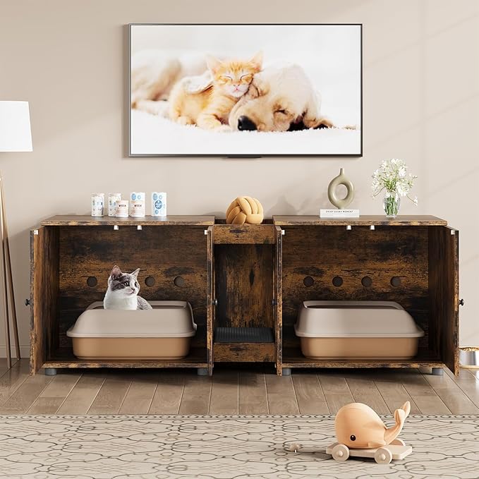 GarveeHome Large Cat Litter Box Enclosure Furniture, 55.1" Double Litter Cabinet for Two Cats with Hidden Design, Rattan Door Cat Box House with Storage, Brown
