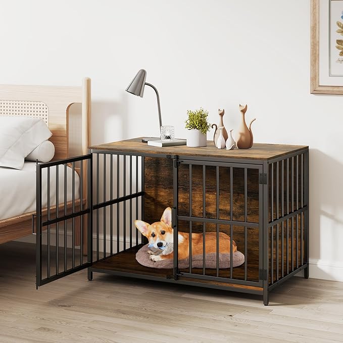 PETSITE 40 Inch Industrial Dog Crate Furniture, Heavy Duty Wooden Dog Kennel with Double Lockable Doors, Decorative Dog Cage End Side Table for Small and Medium Sized Dogs (Rustic Brown)